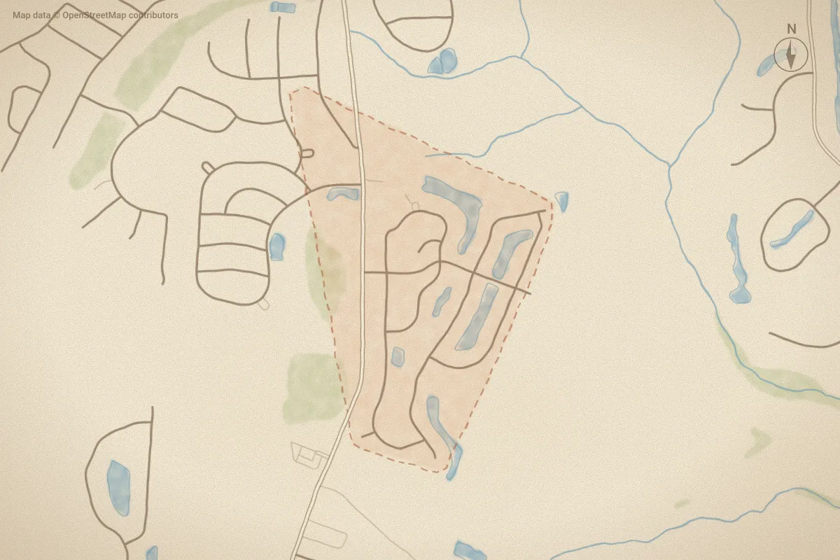 Watercolor map of Lanvale Estates in Leland, NC, showing its streets, water and surroundings