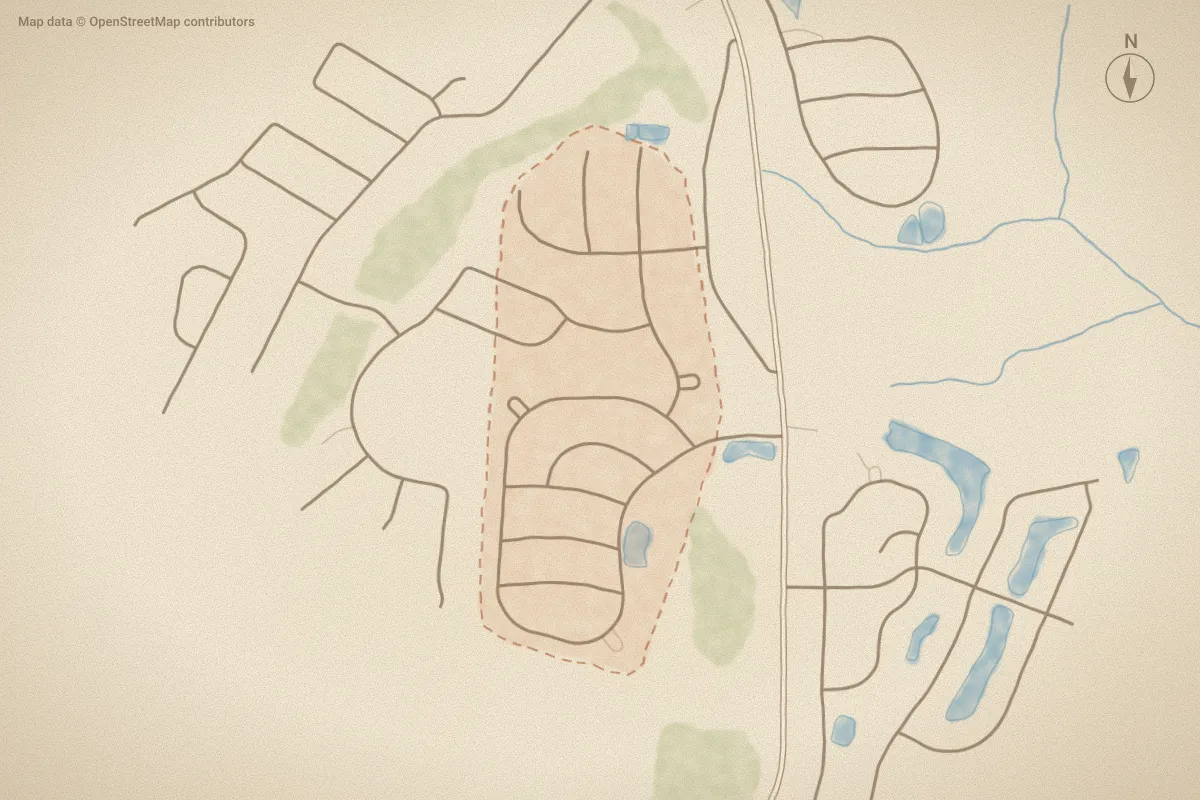 Watercolor map of Lanvale Trace in Leland, NC, showing its streets, water and surroundings