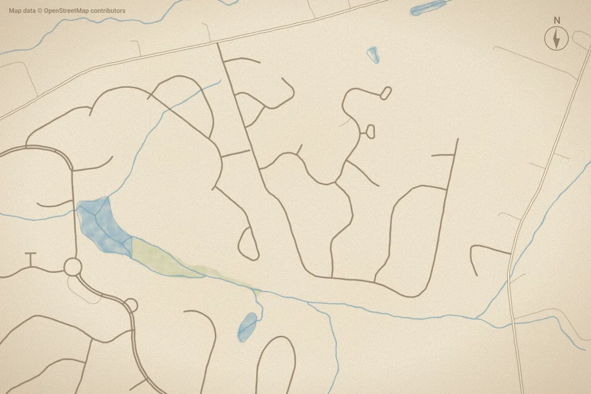 Watercolor map of Lennon Hills in Bolivia, NC, showing its streets, water and surroundings