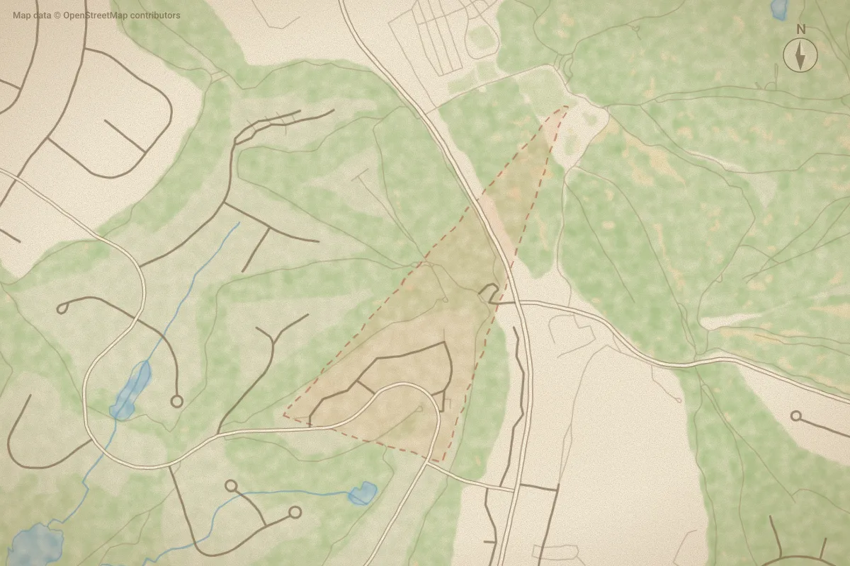 Watercolor map of Linville Garden in Pinehurst, NC, showing its streets, water and surroundings
