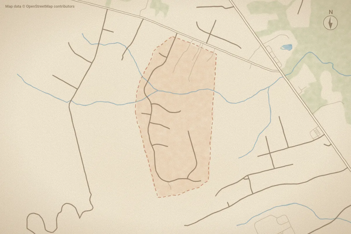Watercolor map of Live Oak Estates in Jacksonville, NC, showing its streets, water and surroundings