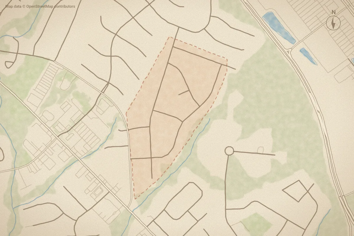 Watercolor map of Long Acres in Jacksonville, NC, showing its streets, water and surroundings