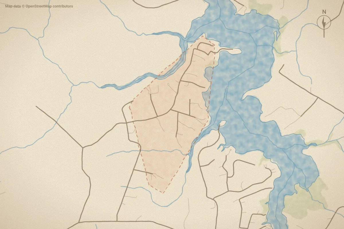 Watercolor map of Long Point Landing in Chocowinity, NC, showing its streets, water and surroundings