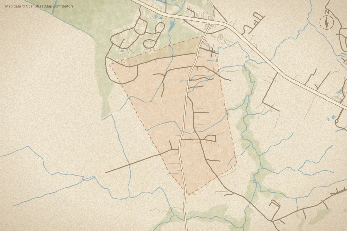 Watercolor map of Maco in Leland, NC, showing its streets, water and surroundings