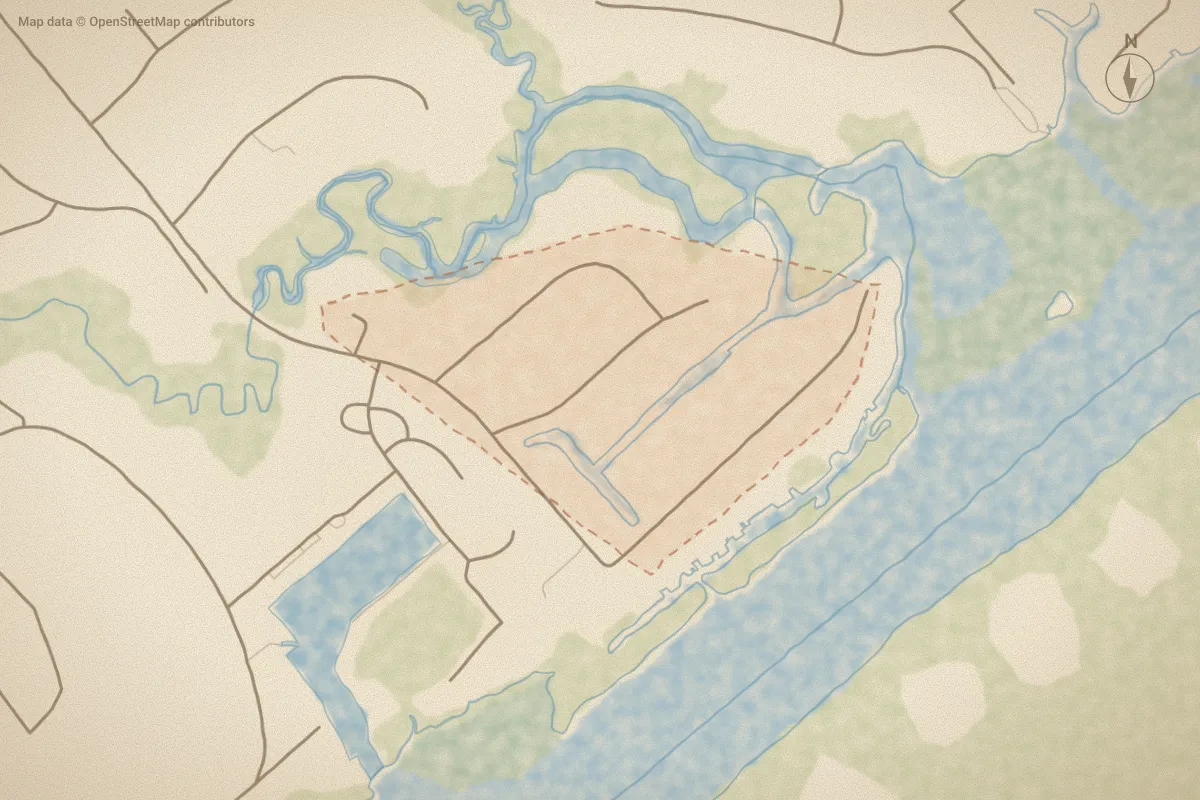 Watercolor map of Mallard Bay in Hampstead, NC, showing its streets, water and surroundings