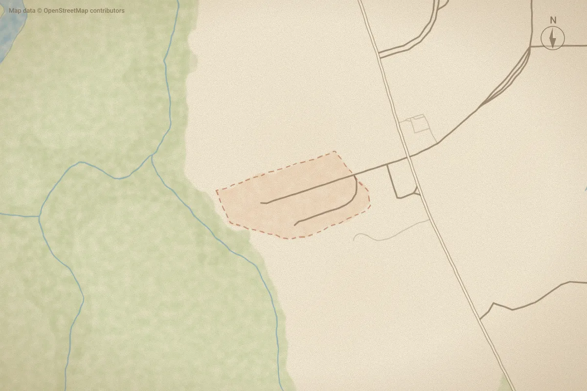 Watercolor map of Manchester Estates in Holly Ridge, NC, showing its streets, water and surroundings