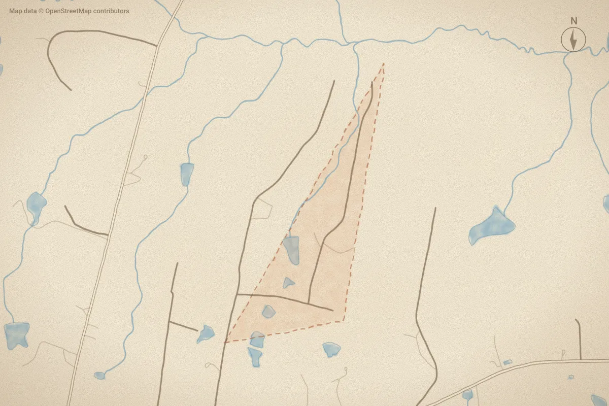 Watercolor map of Maplewood in West End, NC, showing its streets, water and surroundings