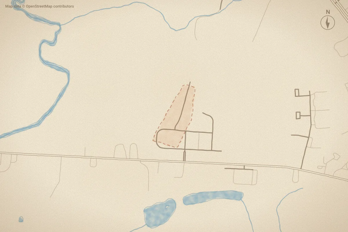 Watercolor map of Marin Woods in Smithfield, NC, showing its streets, water and surroundings