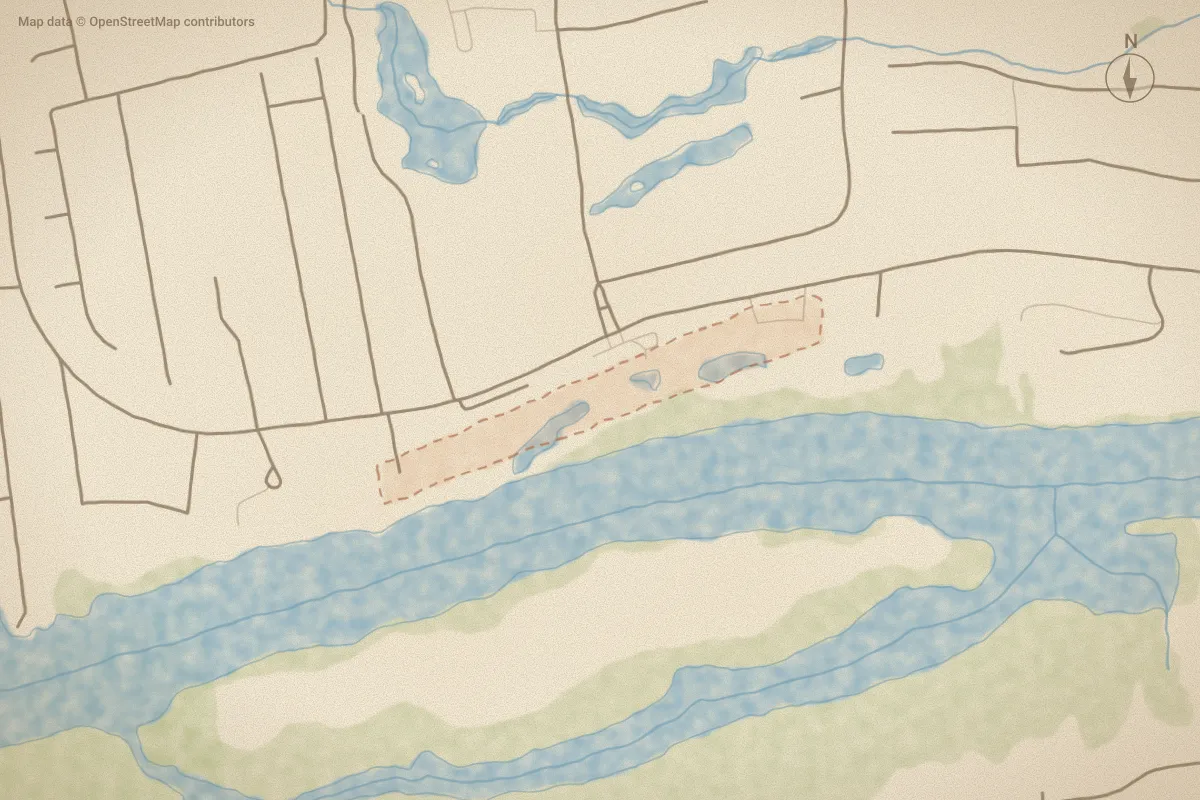 Watercolor map of Mariners Wacche in Ocean Isle Beach, NC, showing its streets, water and surroundings