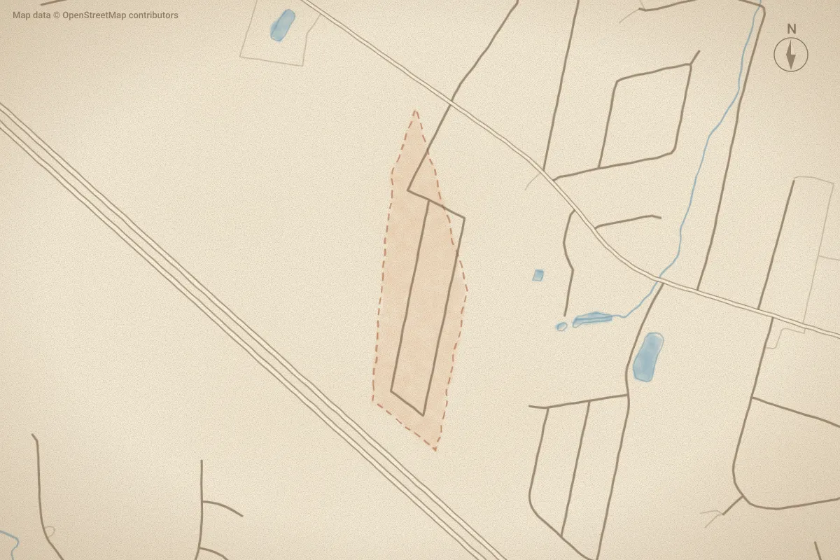 Watercolor map of Marion Estates in Leland, NC, showing its streets, water and surroundings