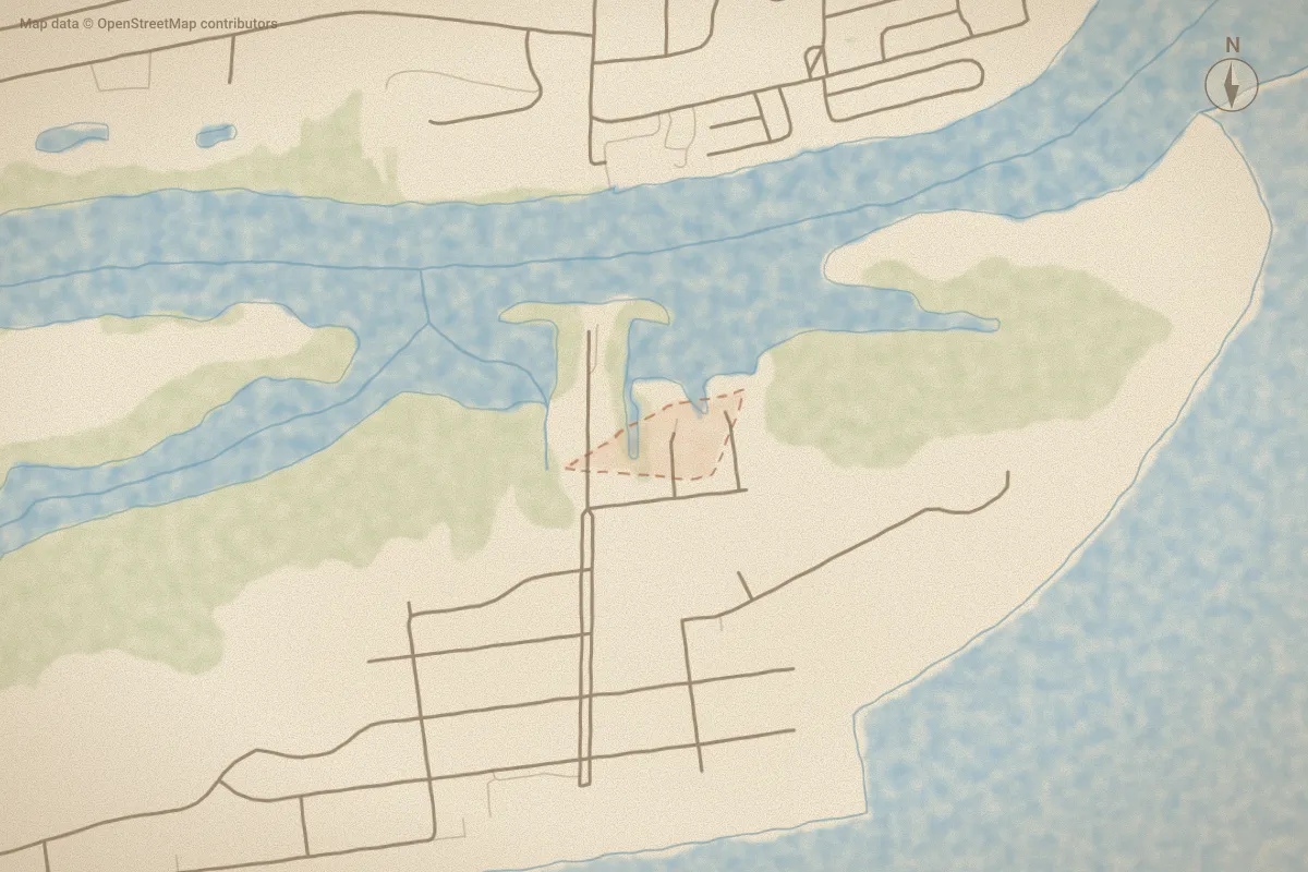 Watercolor map of Maritime Place in Ocean Isle Beach, NC, showing its streets, water and surroundings