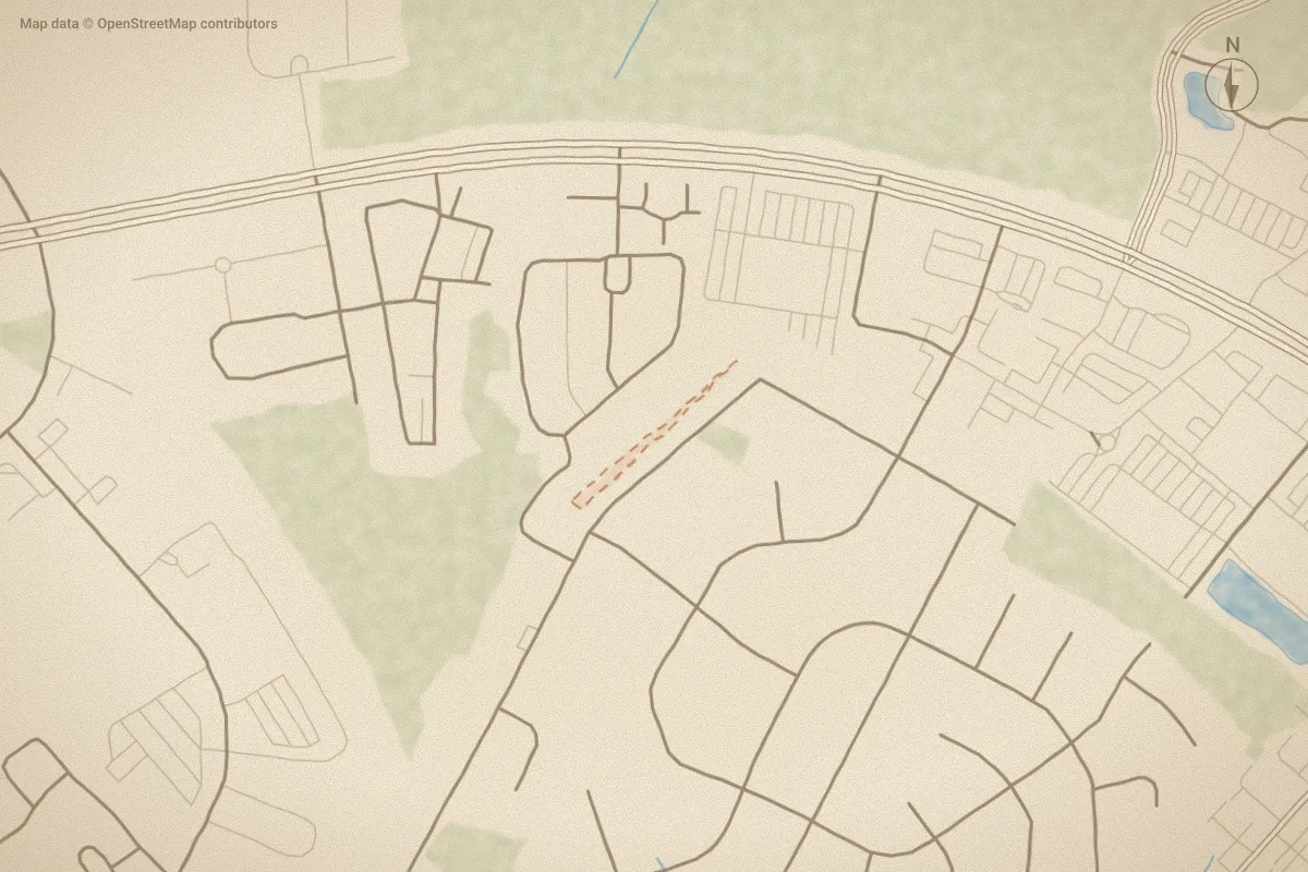 Watercolor map of Marlin Pines in Jacksonville, NC, showing its streets, water and surroundings