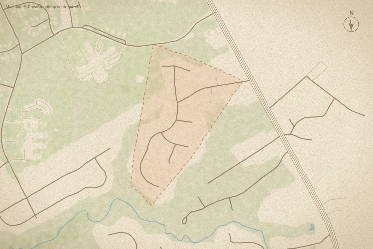 Watercolor map of Marshall Farm in Jacksonville, NC, showing its streets, water and surroundings