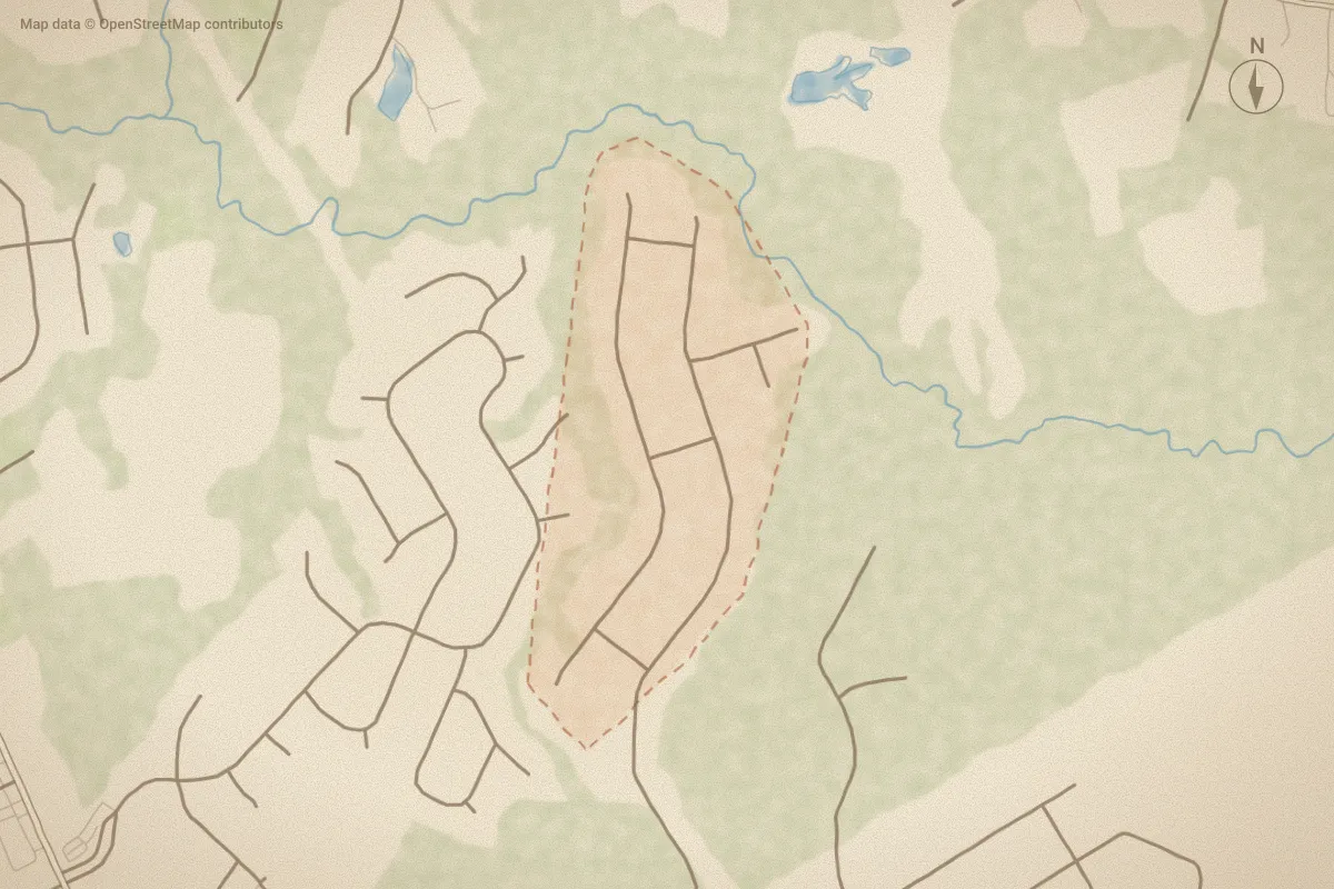 Watercolor map of Maynard Manor in Jacksonville, NC, showing its streets, water and surroundings
