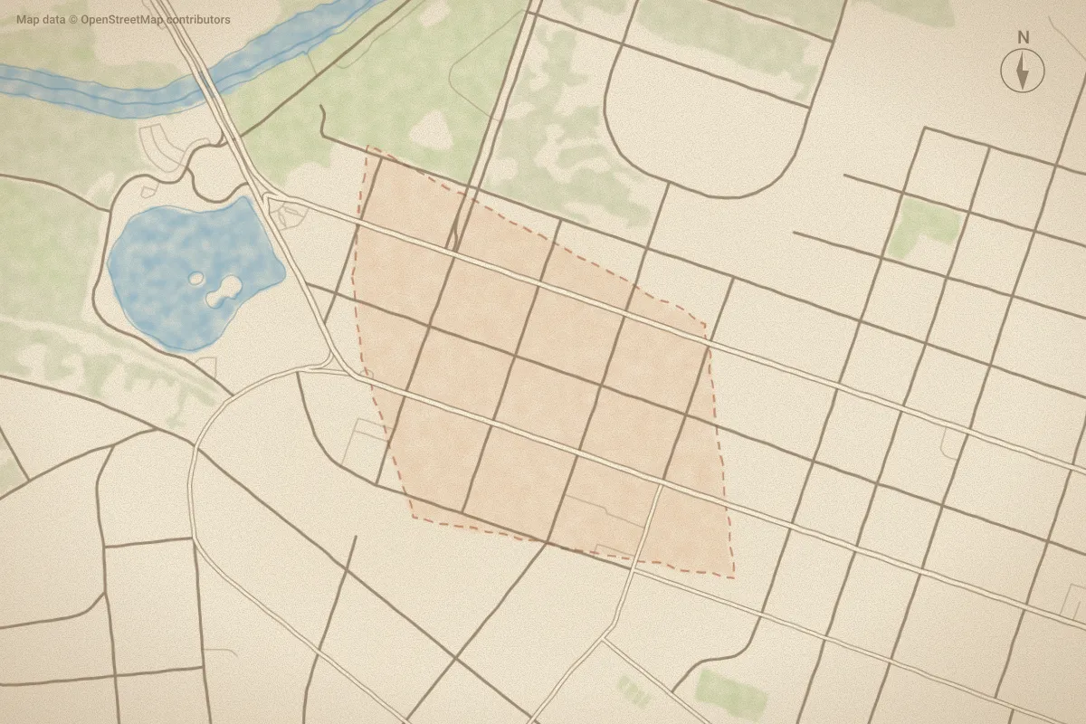 Watercolor map of Mayo Heights in Rocky Mount, NC, showing its streets, water and surroundings