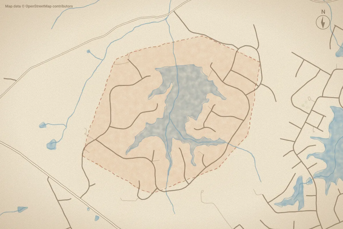 Watercolor map of McLendon Hills in West End, NC, showing its streets, water and surroundings