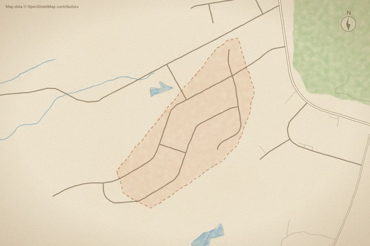 Watercolor map of Meadow Ridge in Aberdeen, NC, showing its streets, water and surroundings