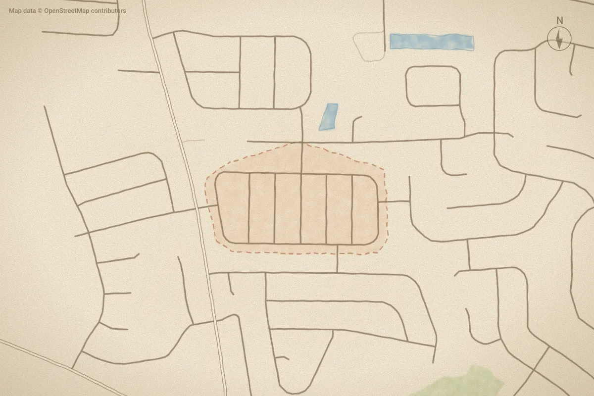Watercolor map of Meadow Woods in Greenville, NC, showing its streets, water and surroundings