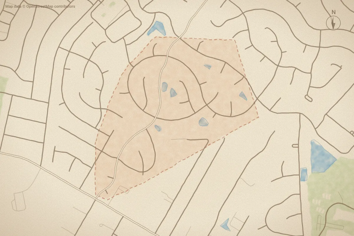 Watercolor map of Meadowbrook in Wilmington, NC, showing its streets, water and surroundings