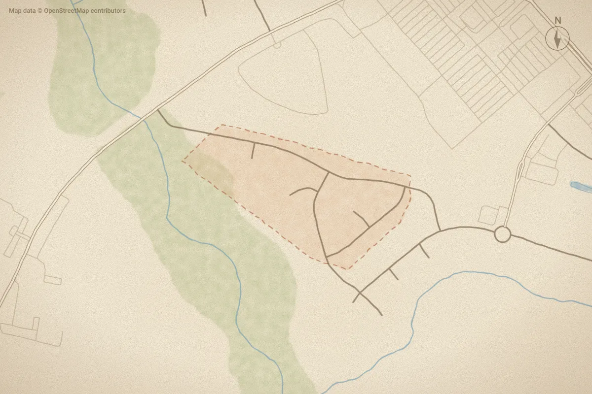 Watercolor map of Meadowmont in Wilson, NC, showing its streets, water and surroundings
