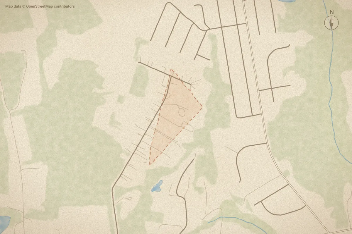Watercolor map of Meeting House Branch in Hubert, NC, showing its streets, water and surroundings