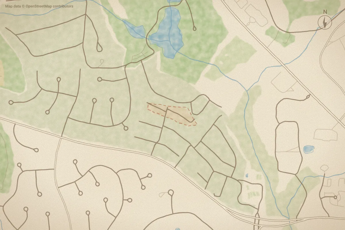 Watercolor map of Merry Wood in Pinehurst, NC, showing its streets, water and surroundings