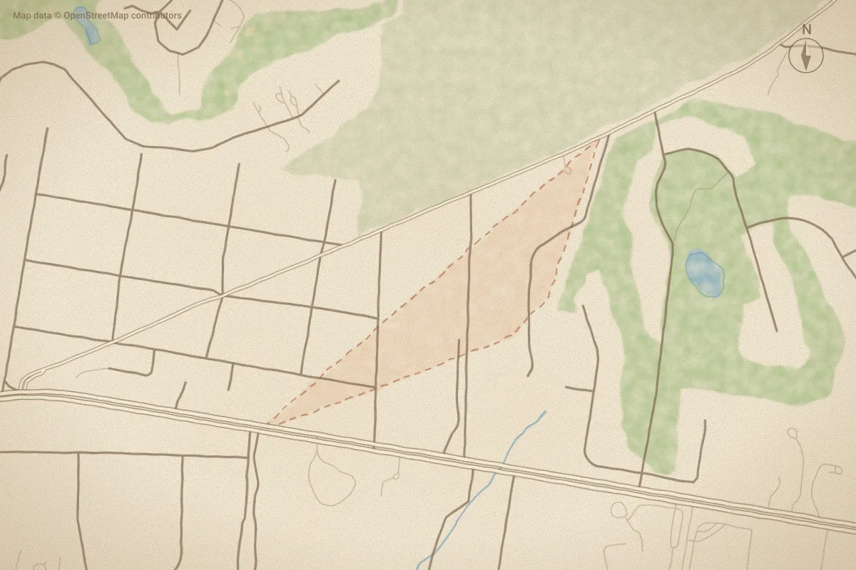 Watercolor map of Midland Estate in Pinehurst, NC, showing its streets, water and surroundings