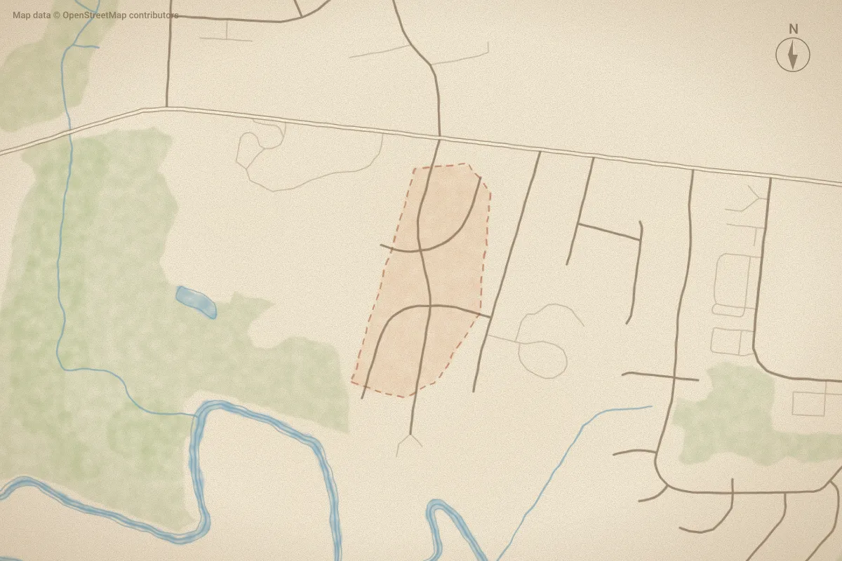 Watercolor map of Millbrook in Wilson, NC, showing its streets, water and surroundings