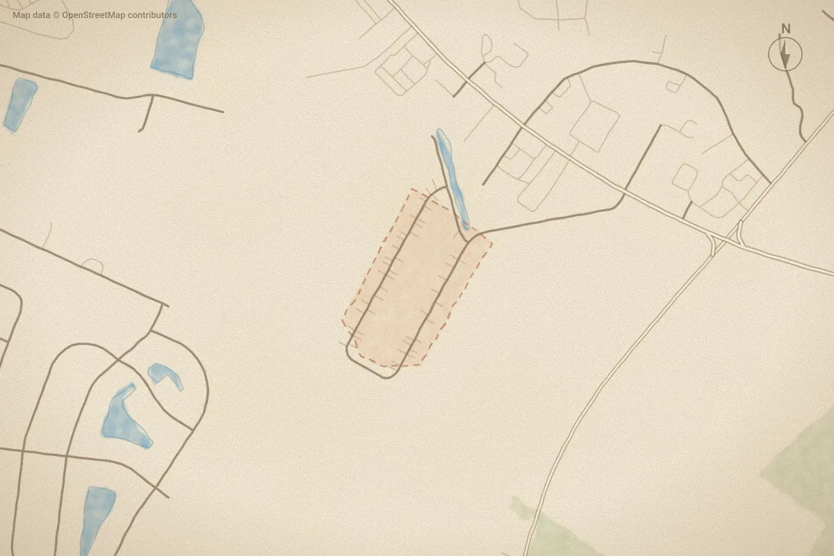 Watercolor map of Millbrooke in Elizabeth City, NC, showing its streets, water and surroundings