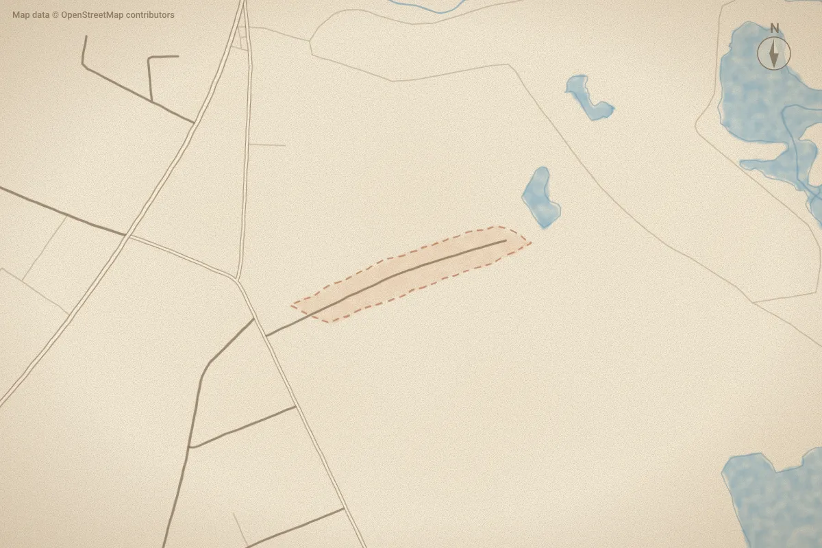 Watercolor map of Mills Farm in Maysville, NC, showing its streets, water and surroundings
