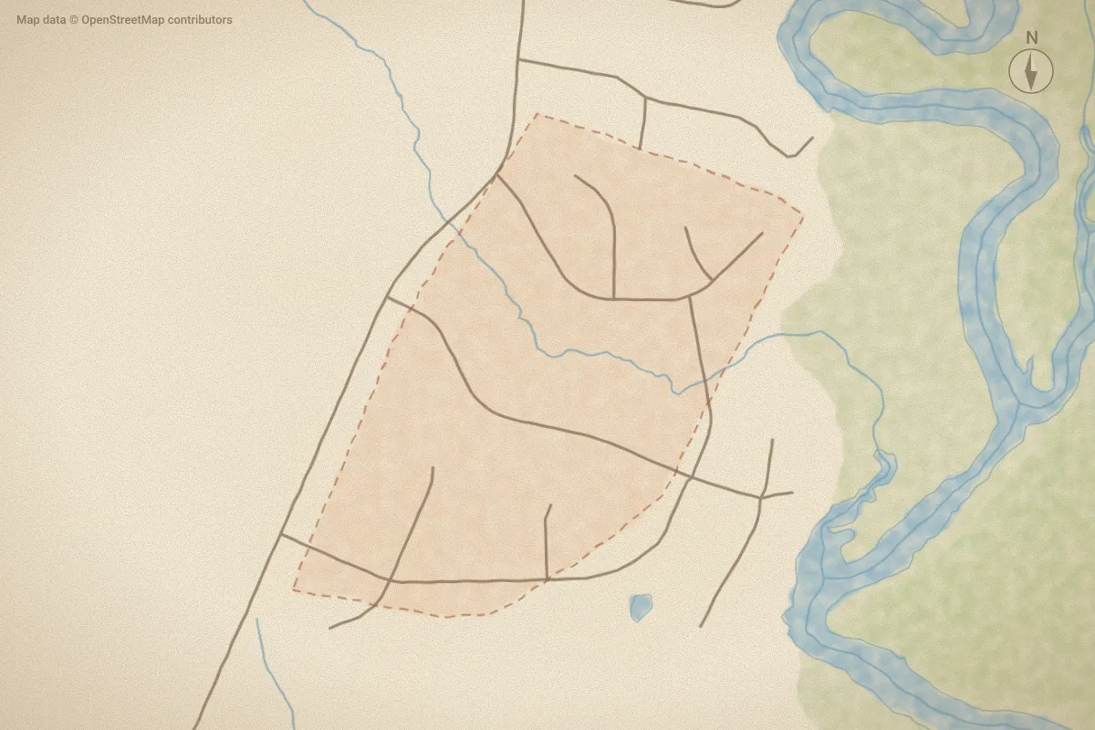 Watercolor map of Morgan Cove Plantation in Burgaw, NC, showing its streets, water and surroundings
