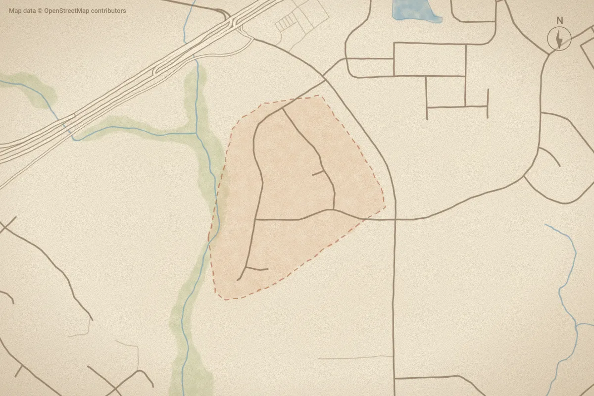Watercolor map of Morgan Creek in Leland, NC, showing its streets, water and surroundings