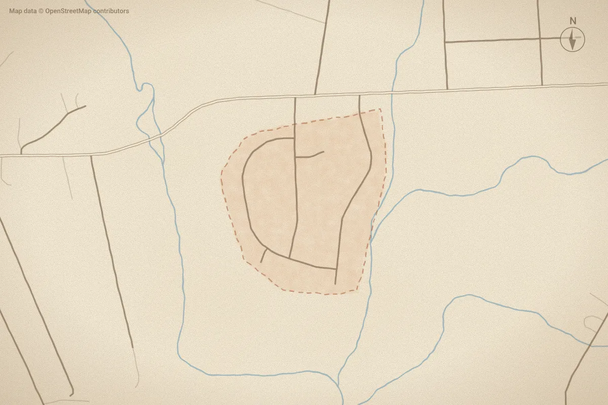 Watercolor map of Moss Creek in Jacksonville, NC, showing its streets, water and surroundings