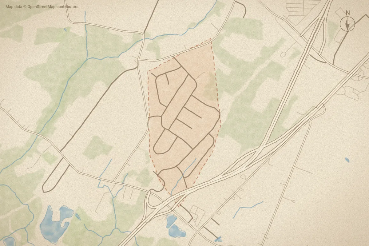 Watercolor map of Mount Hermon in Elizabeth City, NC, showing its streets, water and surroundings