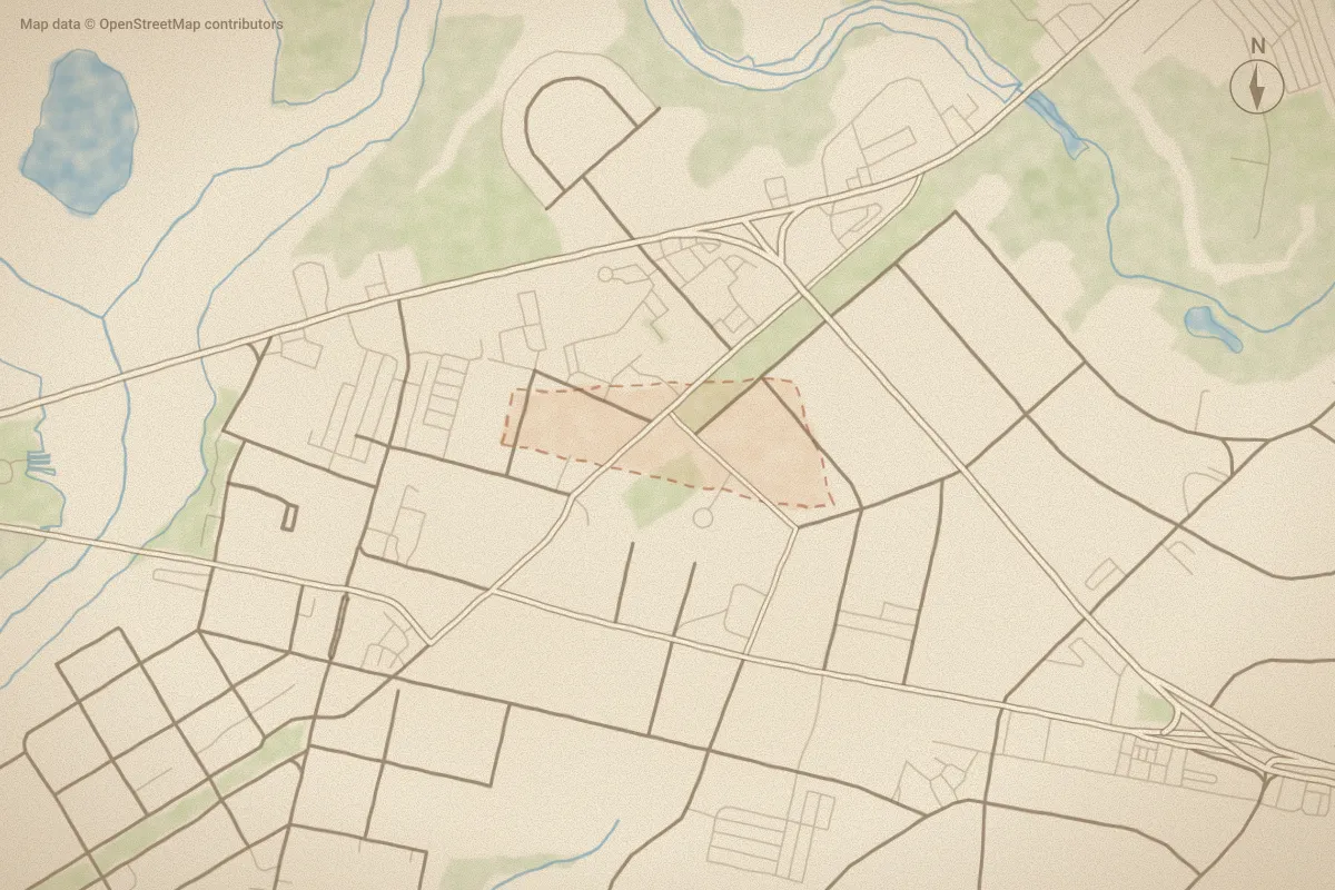 Watercolor map of Murrill Subdivision in Jacksonville, NC, showing its streets, water and surroundings