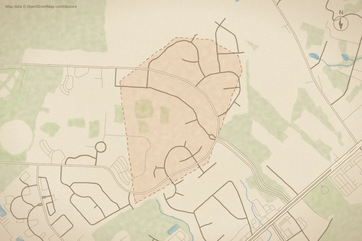 Watercolor map of N'side@Commons in Jacksonville, NC, showing its streets, water and surroundings