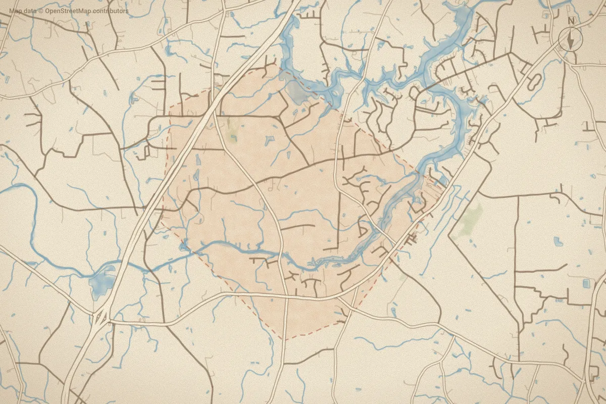 Watercolor map of Nash County in Elm City, NC, showing its streets, water and surroundings
