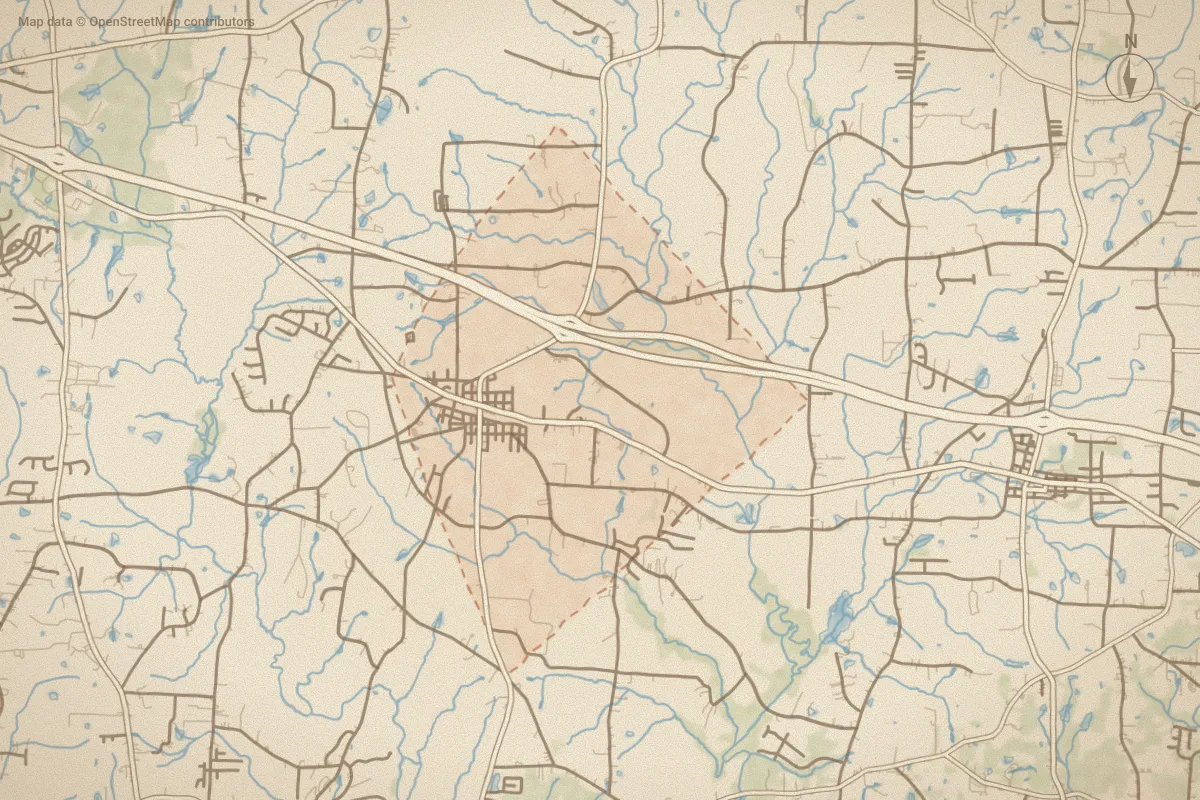 Watercolor map of Nash County in Middlesex, NC, showing its streets, water and surroundings