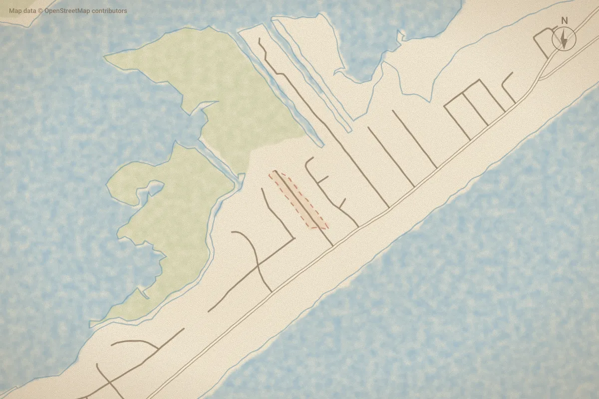 Watercolor map of Nautic Bay in Surf City, NC, showing its streets, water and surroundings
