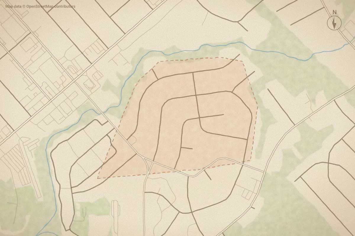 Watercolor map of New River in Jacksonville, NC, showing its streets, water and surroundings