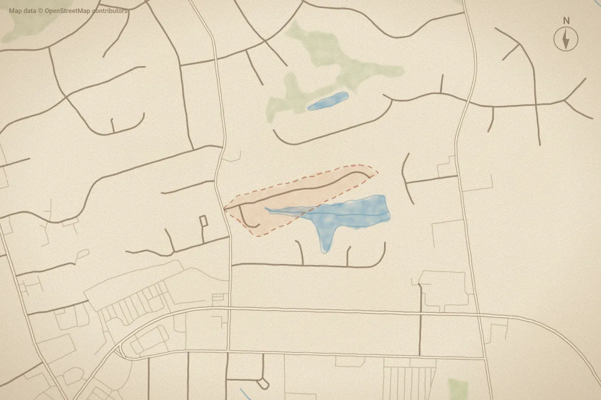 Watercolor map of Newton Pond in Wilson, NC, showing its streets, water and surroundings