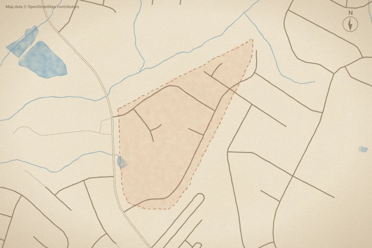 Watercolor map of North Pointe in Goldsboro, NC, showing its streets, water and surroundings