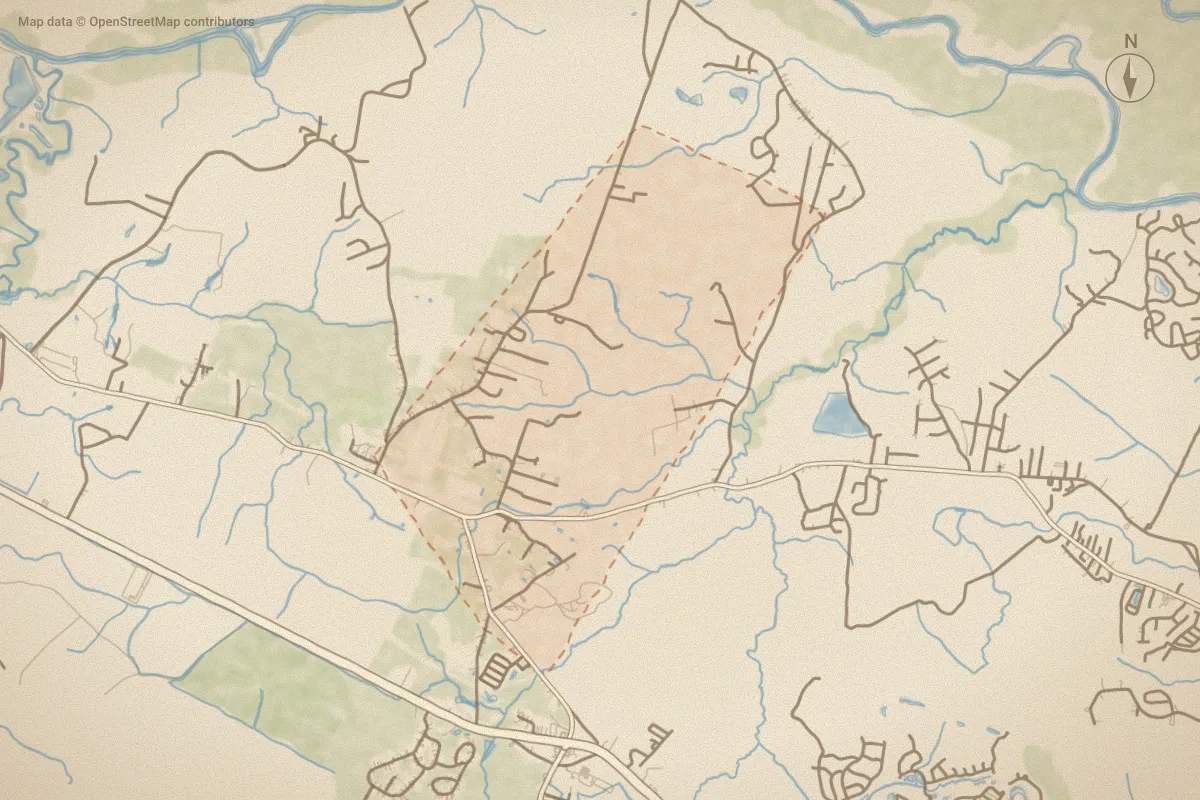 Watercolor map of Northwest in Leland, NC, showing its streets, water and surroundings