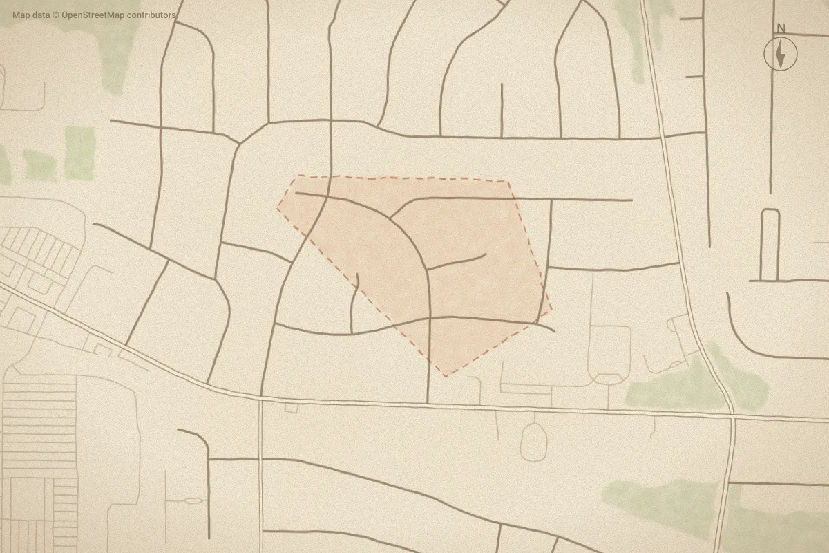 Watercolor map of Oak Forest in Wilson, NC, showing its streets, water and surroundings