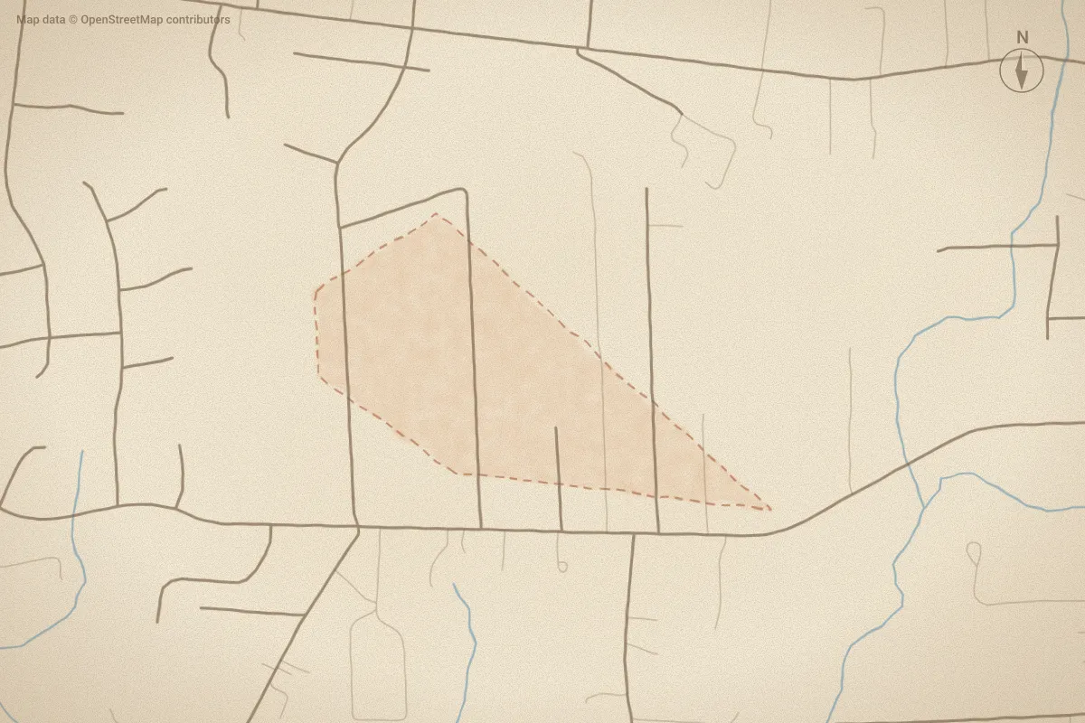 Watercolor map of Oakley Circle in Castle Hayne, NC, showing its streets, water and surroundings