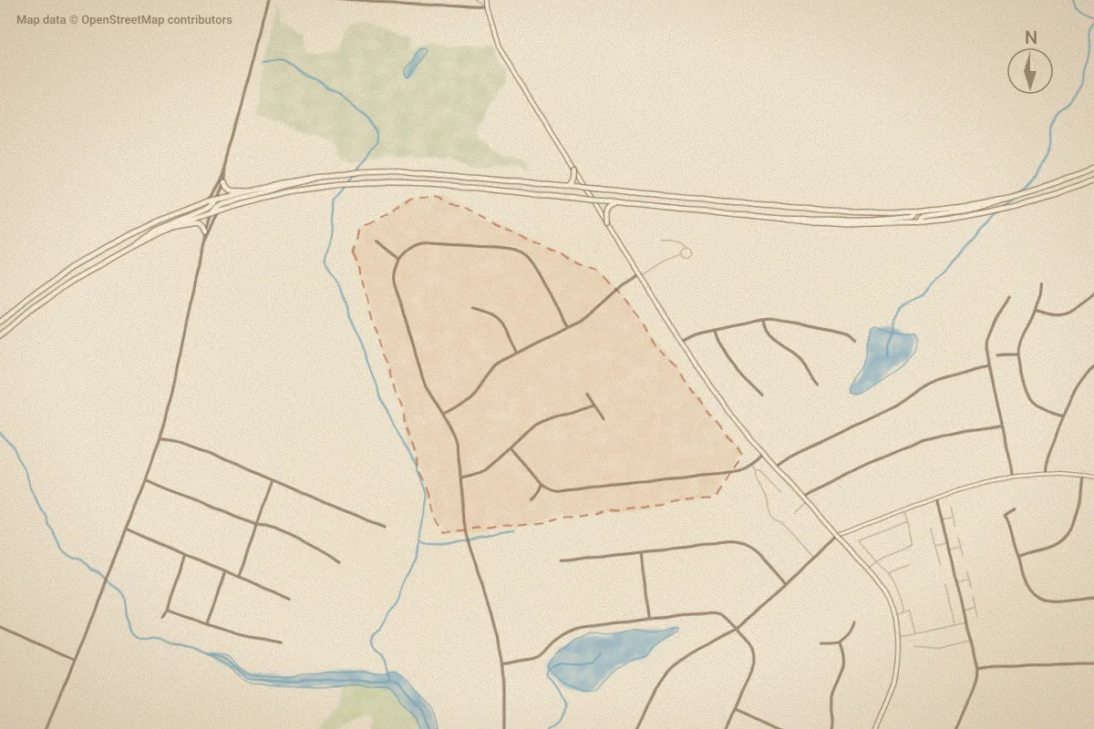 Watercolor map of Oakside in Rocky Mount, NC, showing its streets, water and surroundings