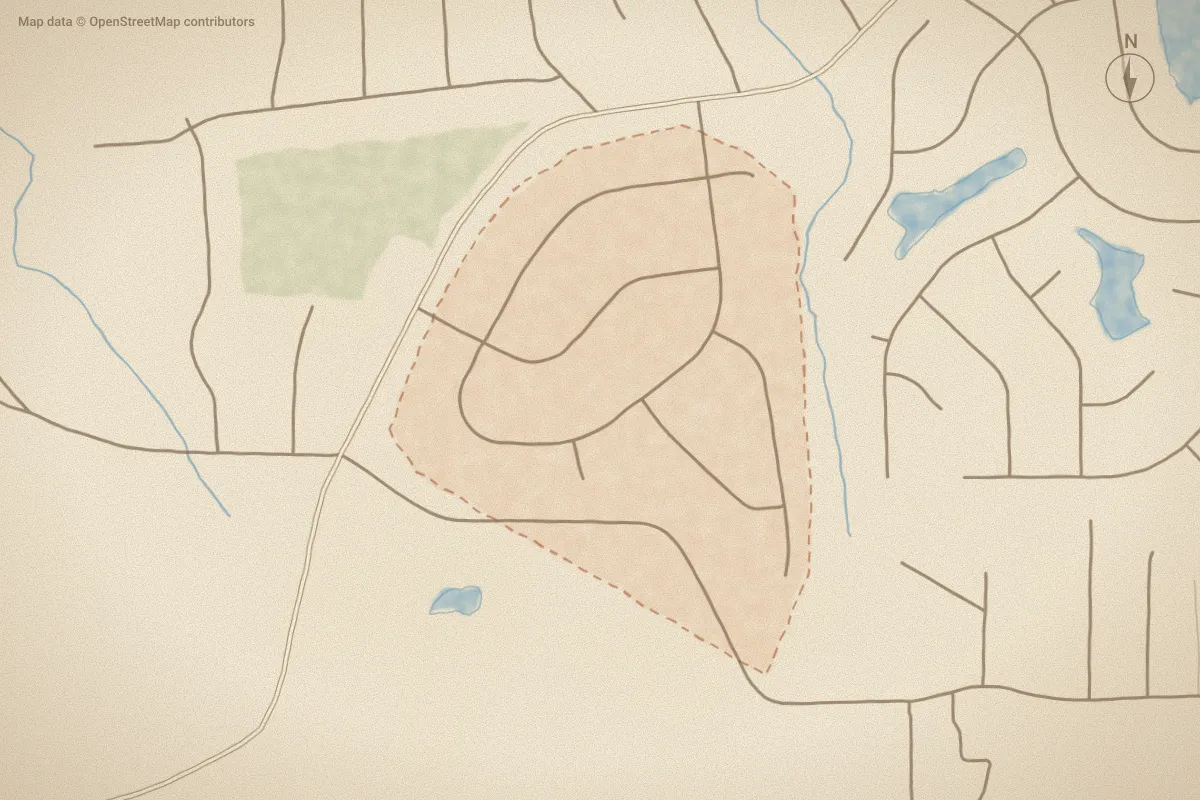 Watercolor map of Oakview in New Bern, NC, showing its streets, water and surroundings