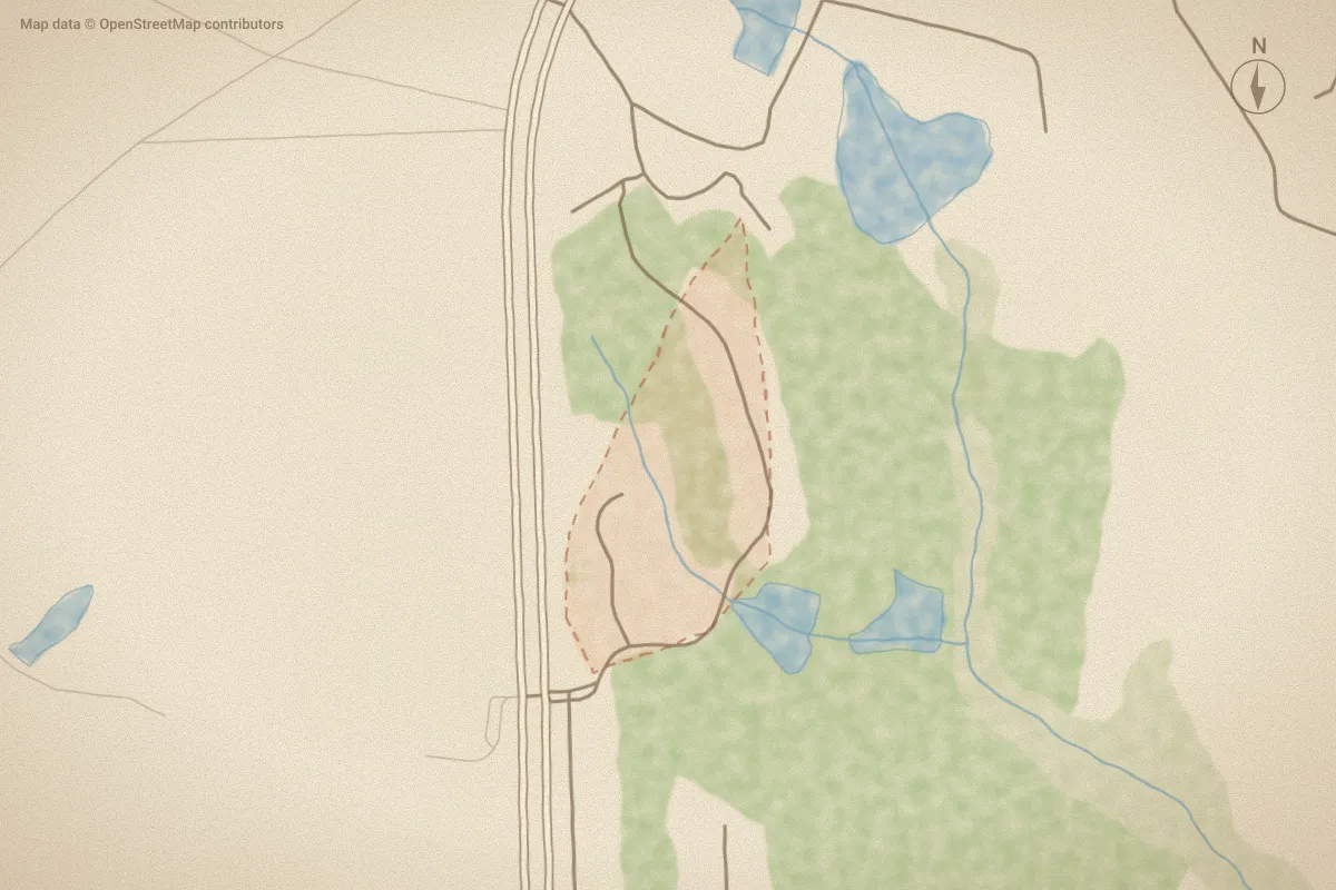 Watercolor map of Oakwood Hill in Pinebluff, NC, showing its streets, water and surroundings