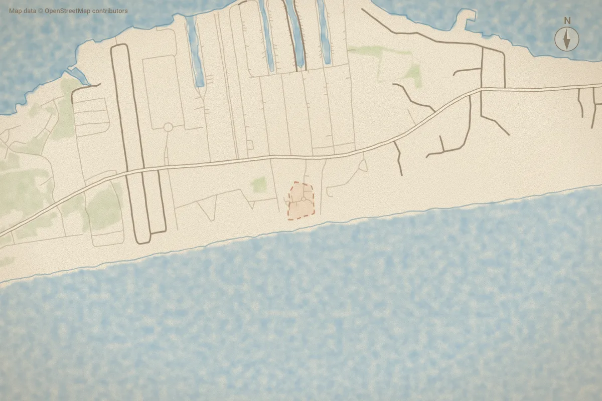 Watercolor map of Ocean Bluff in Indian Beach, NC, showing its streets, water and surroundings