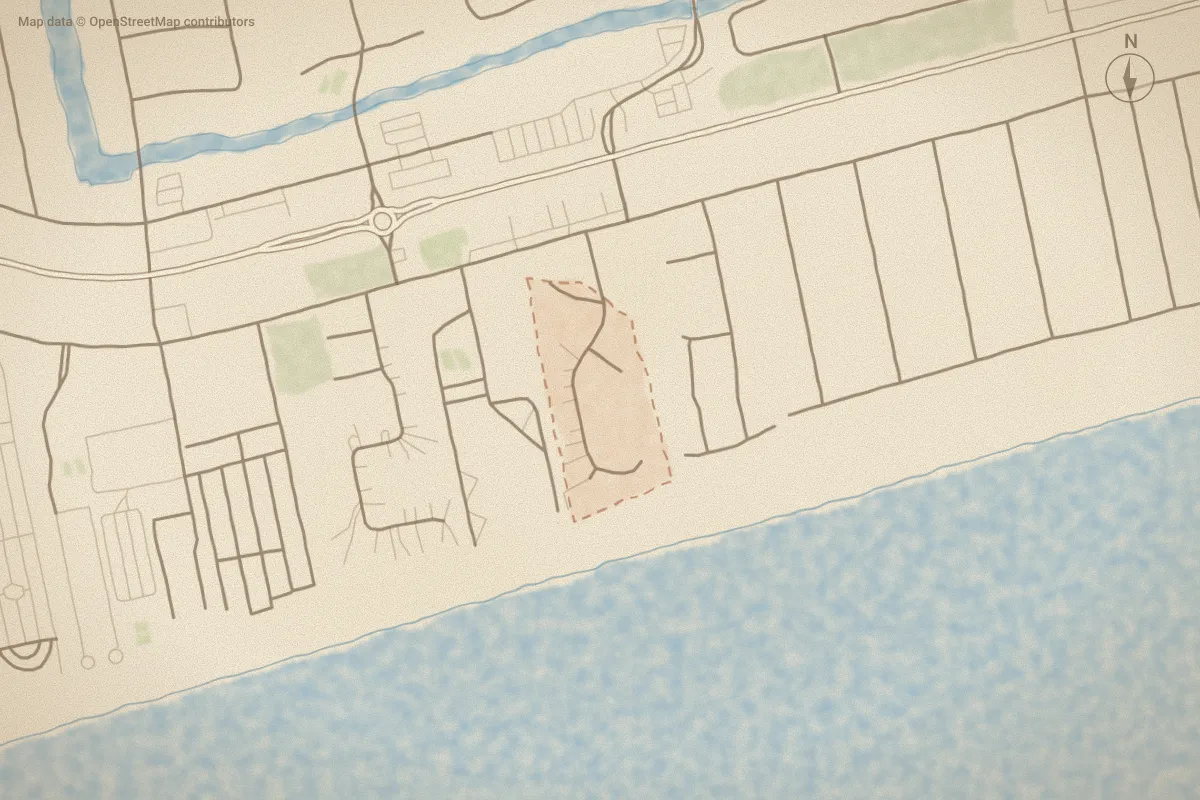 Watercolor map of Ocean Crest in Emerald Isle, NC, showing its streets, water and surroundings